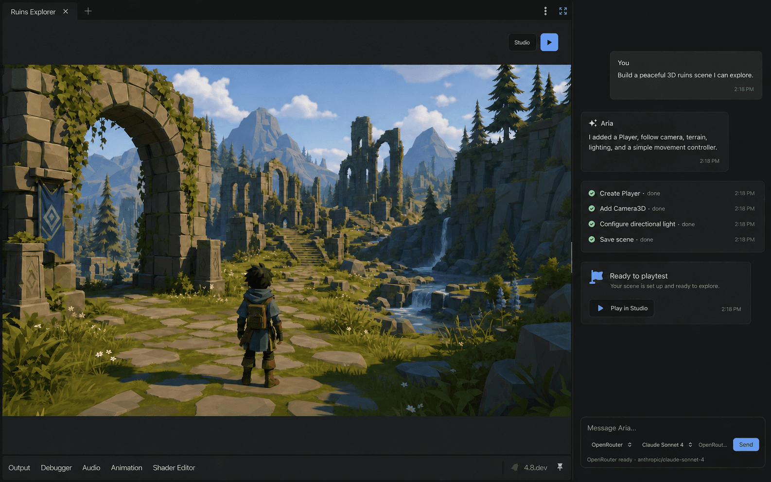 Stage, an agentic game engine, showing a playable game beside its planning assistant.